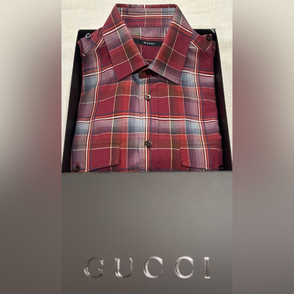 Vintage Gucci red plaid military-style button down shirt. - Picture 1 of 4